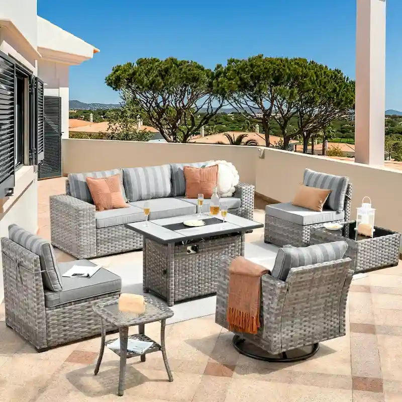 HOOOWOOO Ensemble modulaire d'extérieur en osier 9 pièces avec accoudoirs larges et foyer