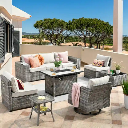 HOOOWOOO Ensemble modulaire d'extérieur en osier 9 pièces avec accoudoirs larges et foyer