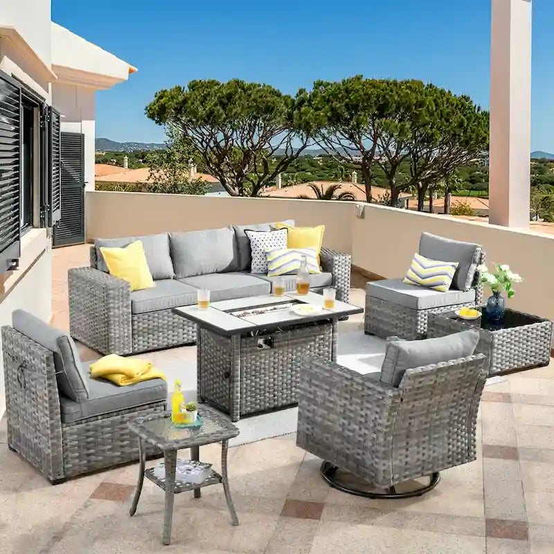 HOOOWOOO Ensemble modulaire d'extérieur en osier 9 pièces avec accoudoirs larges et foyer