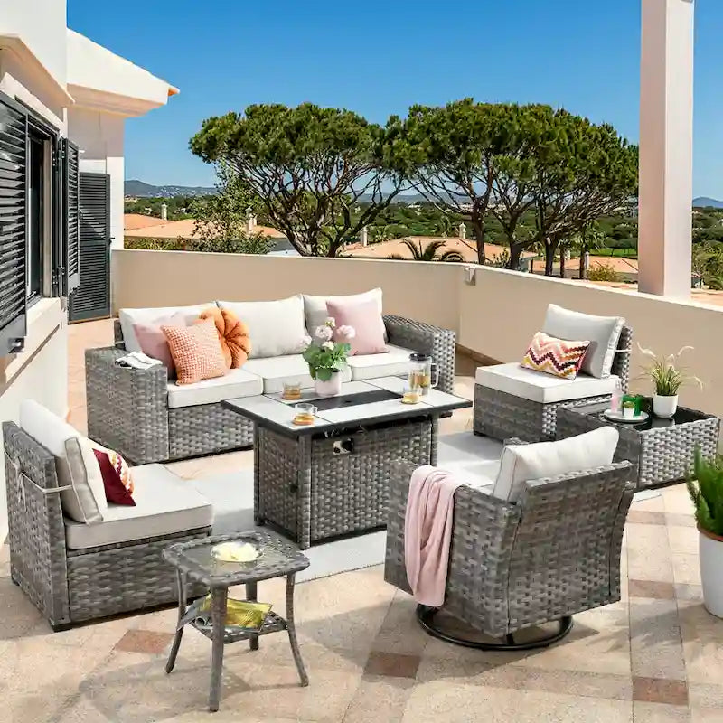 HOOOWOOO Ensemble modulaire d'extérieur en osier 9 pièces avec accoudoirs larges et foyer