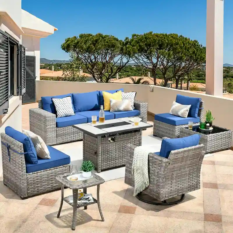 HOOOWOOO Ensemble modulaire d'extérieur en osier 9 pièces avec accoudoirs larges et foyer
