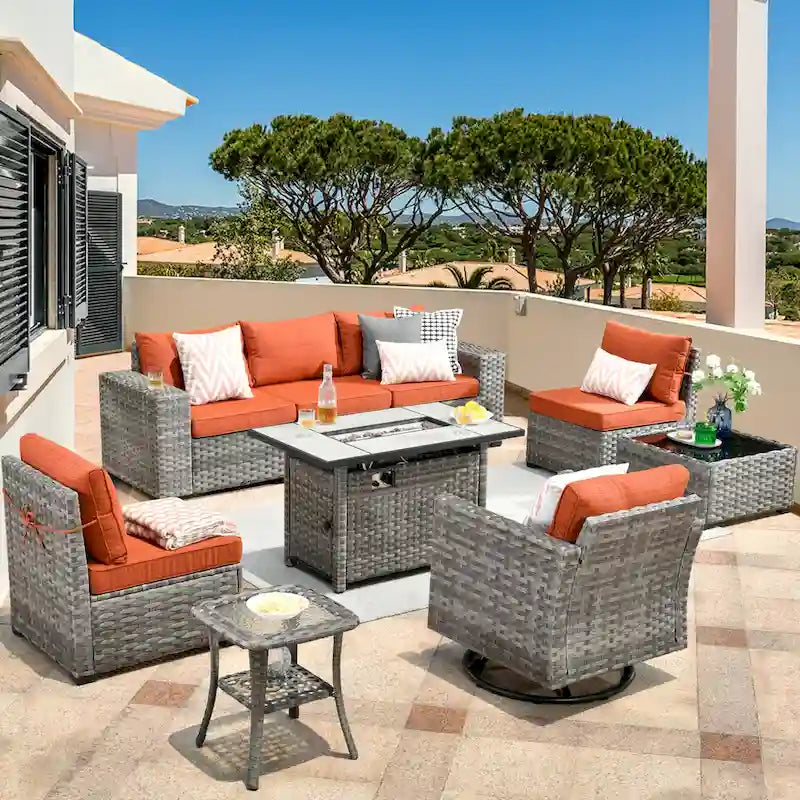 HOOOWOOO Ensemble modulaire d'extérieur en osier 9 pièces avec accoudoirs larges et foyer