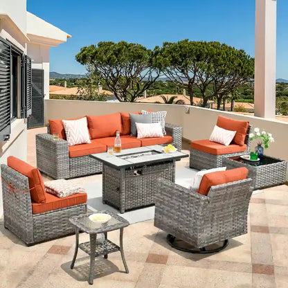 HOOOWOOO Ensemble modulaire d'extérieur en osier 9 pièces avec accoudoirs larges et foyer
