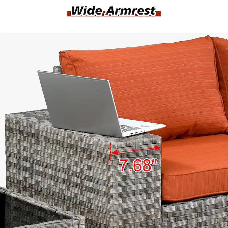 HOOOWOOO Ensemble modulaire d'extérieur en osier 9 pièces avec accoudoirs larges et foyer