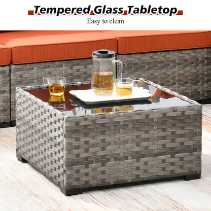 HOOOWOOO Ensemble modulaire d'extérieur en osier 9 pièces avec accoudoirs larges et foyer