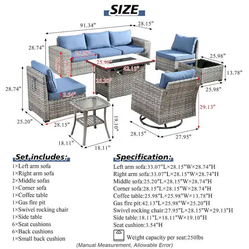 HOOOWOOO Ensemble modulaire d'extérieur en osier 9 pièces avec accoudoirs larges et foyer