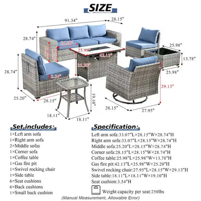 HOOOWOOO Ensemble modulaire d'extérieur en osier 9 pièces avec accoudoirs larges et foyer