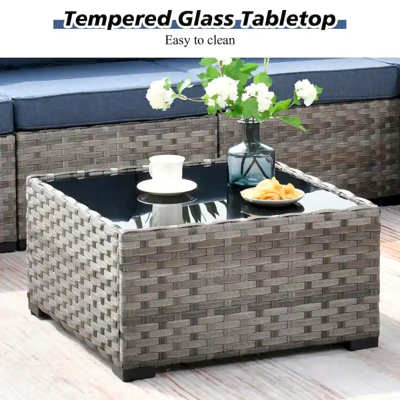 HOOOWOOO Ensemble modulaire d'extérieur en osier 9 pièces avec accoudoirs larges et foyer