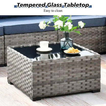 HOOOWOOO Ensemble modulaire d'extérieur en osier 9 pièces avec accoudoirs larges et foyer