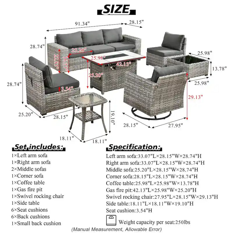 HOOOWOOO Ensemble modulaire d'extérieur en osier 9 pièces avec accoudoirs larges et foyer