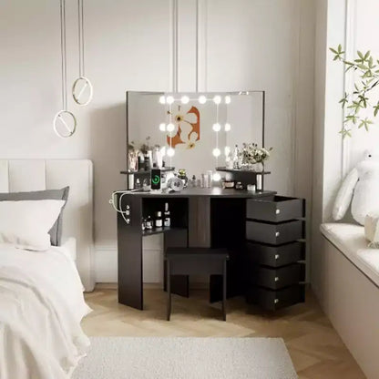 Garvee Makeup Vanity Desk with Lights & Power Outlet-Corner Vanity Table with 5 Rotating Drawers, for Bed Room