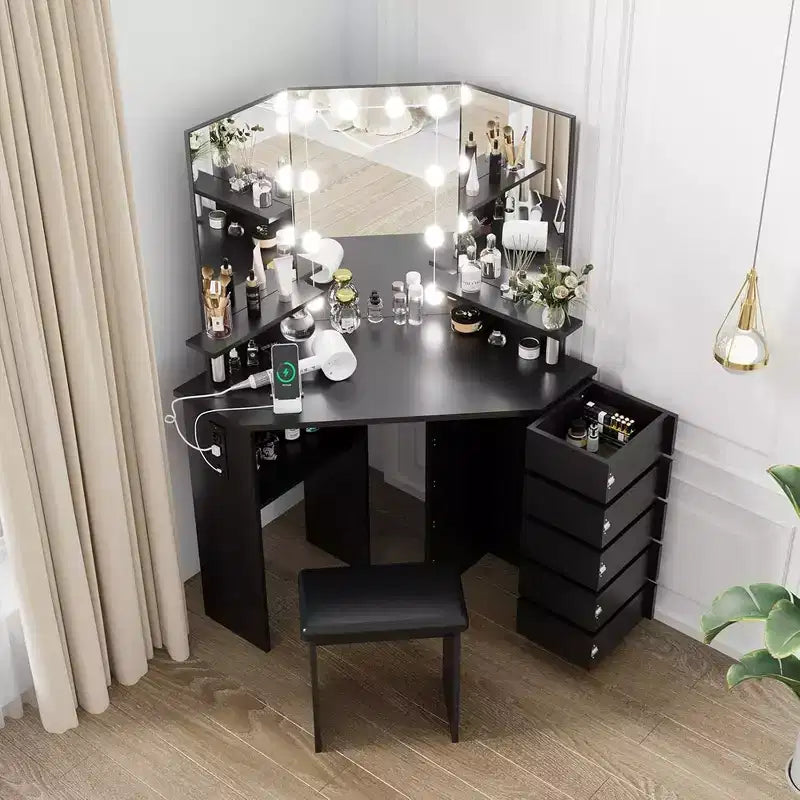 Garvee Coiffeuse de maquillage avec lumières et prise de courant - Table de coin avec 5 tiroirs rotatifs, pour chambre à coucher