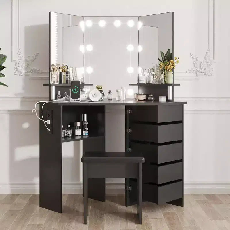 Garvee Coiffeuse de maquillage avec lumières et prise de courant - Table de coin avec 5 tiroirs rotatifs, pour chambre à coucher