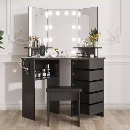 Garvee Coiffeuse de maquillage avec lumières et prise de courant - Table de coin avec 5 tiroirs rotatifs, pour chambre à coucher