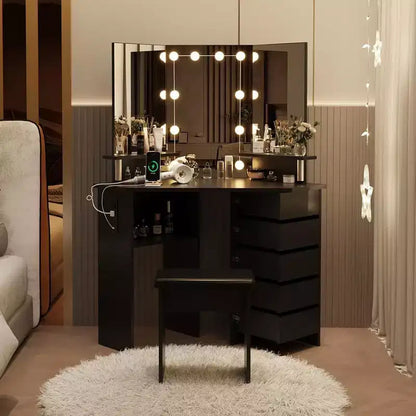 Garvee Coiffeuse de maquillage avec lumières et prise de courant - Table de coin avec 5 tiroirs rotatifs, pour chambre à coucher