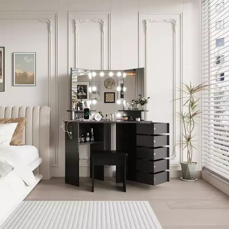 Garvee Coiffeuse de maquillage avec lumières et prise de courant - Table de coin avec 5 tiroirs rotatifs, pour chambre à coucher