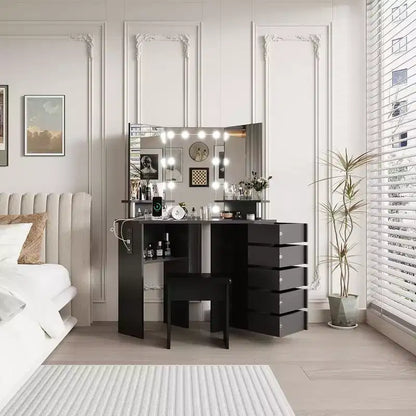 Garvee Coiffeuse de maquillage avec lumières et prise de courant - Table de coin avec 5 tiroirs rotatifs, pour chambre à coucher