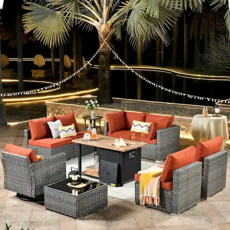 HOOOWOOO Salon de jardin en rotin gris 10 pièces avec brasero
