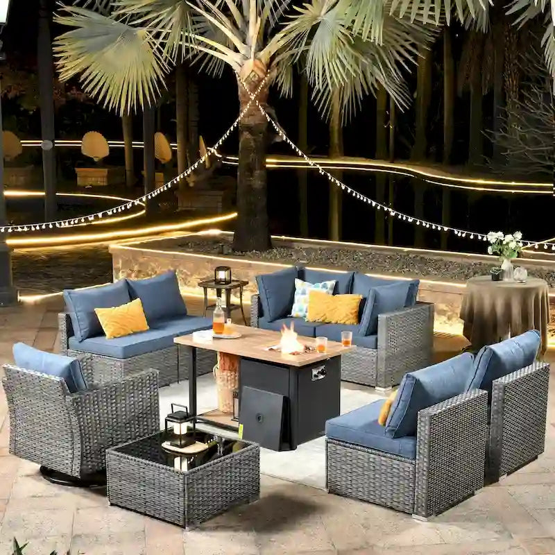 HOOOWOOO Salon de jardin en rotin gris 10 pièces avec brasero