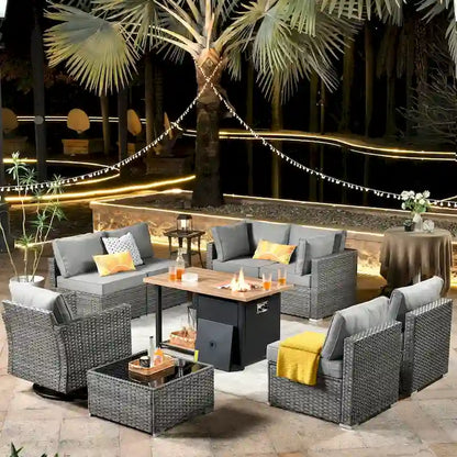 HOOOWOOO Salon de jardin en rotin gris 10 pièces avec brasero