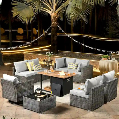 HOOOWOOO Salon de jardin en rotin gris 10 pièces avec brasero