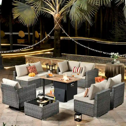 HOOOWOOO Salon de jardin en rotin gris 10 pièces avec brasero