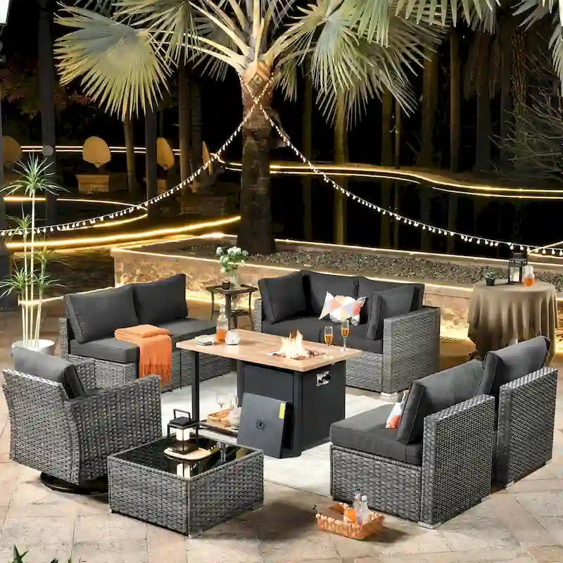 HOOOWOOO Salon de jardin en rotin gris 10 pièces avec brasero