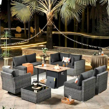 HOOOWOOO Salon de jardin en rotin gris 10 pièces avec brasero