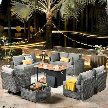 HOOOWOOO Salon de jardin en rotin gris 10 pièces avec brasero