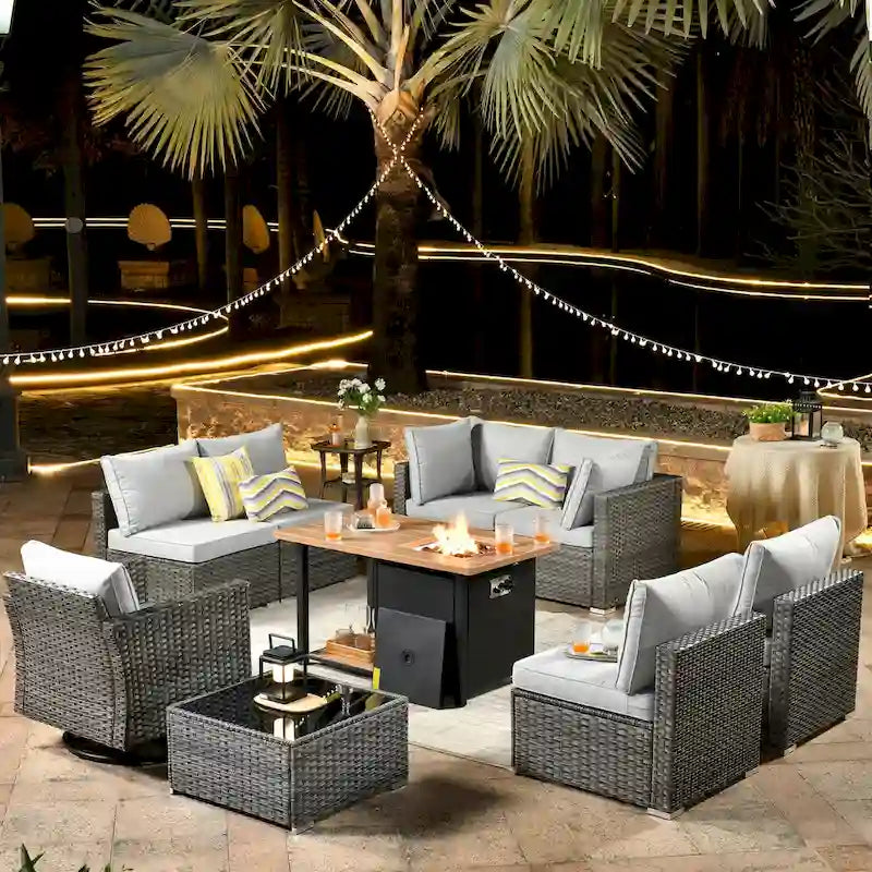 HOOOWOOO Salon de jardin en rotin gris 10 pièces avec brasero
