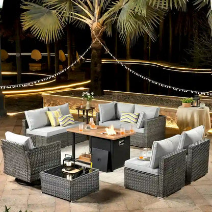 HOOOWOOO Salon de jardin en rotin gris 10 pièces avec brasero