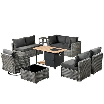 HOOOWOOO Salon de jardin en rotin gris 10 pièces avec brasero