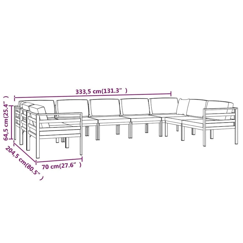 vidaXL Salon de jardin modulaire d'extérieur avec table en aluminium anthracite - 27,6 x 27,6 x 25,4