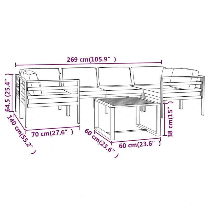 vidaXL Salon de jardin modulaire d'extérieur avec table en aluminium anthracite - 27,6 x 27,6 x 25,4