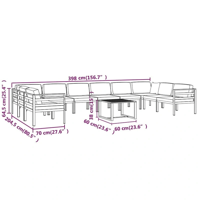 vidaXL Salon de jardin modulaire d'extérieur avec table en aluminium anthracite - 27,6 x 27,6 x 25,4