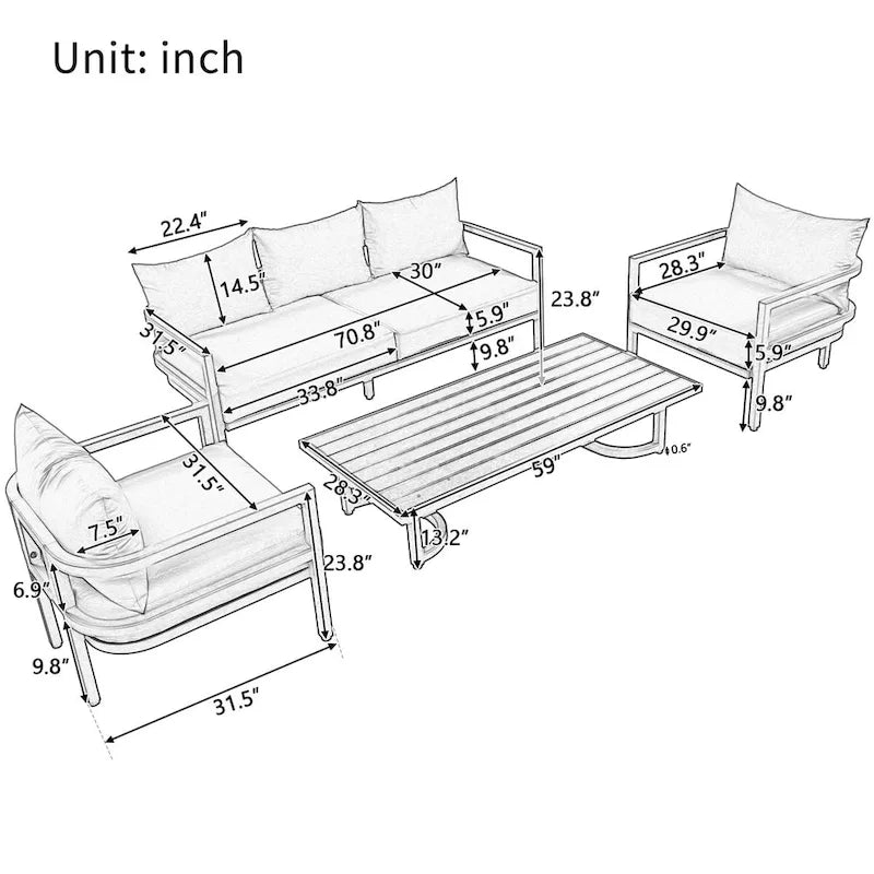 Ensemble de canapé d'extérieur 4 pièces en acier de style U multi-personnes, avec table basse et coussin