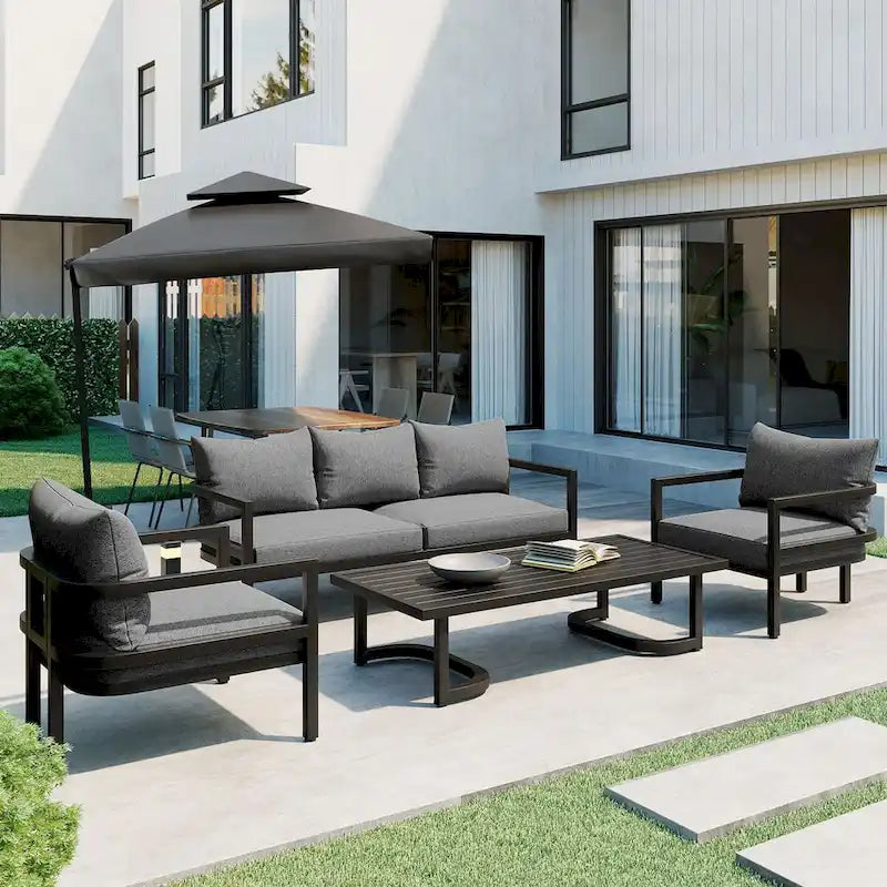 Ensemble de canapé d'extérieur 4 pièces en acier de style U multi-personnes, avec table basse et coussin
