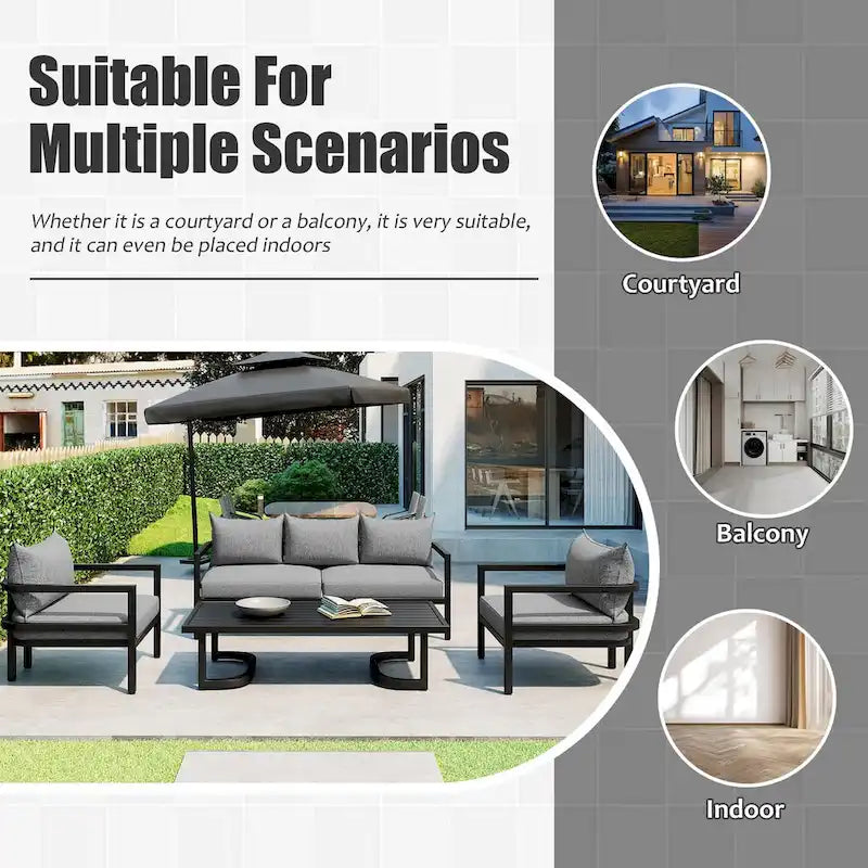 Ensemble de canapé d'extérieur 4 pièces en acier de style U multi-personnes, avec table basse et coussin