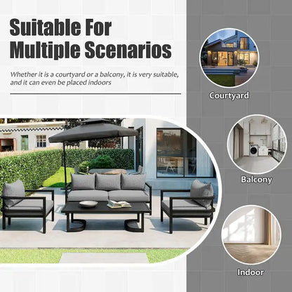 Ensemble de canapé d'extérieur 4 pièces en acier de style U multi-personnes, avec table basse et coussin
