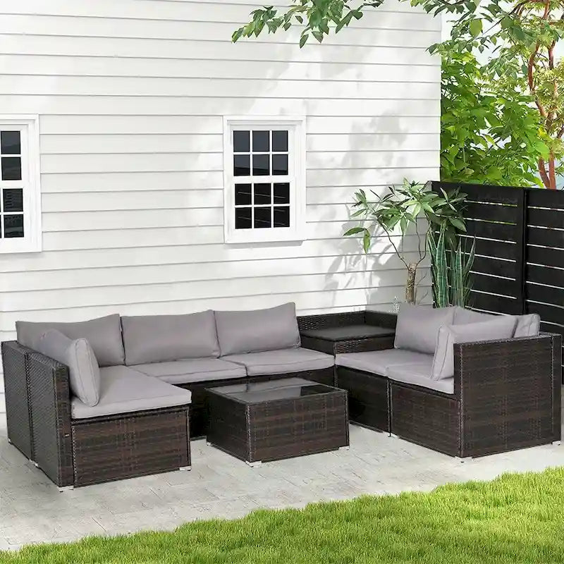 Ensemble de mobilier de jardin 8 pièces en rotin marron et gris avec 6 canapés, 1 table basse, un coffre de rangement et des coussins
