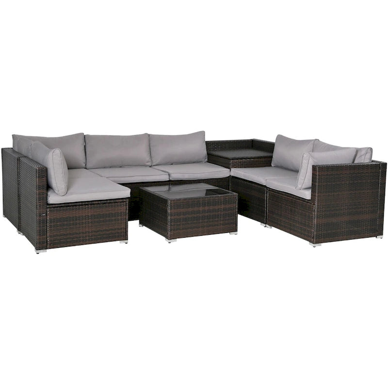 Ensemble de mobilier de jardin 8 pièces en rotin marron et gris avec 6 canapés, 1 table basse, un coffre de rangement et des coussins