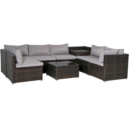 Ensemble de mobilier de jardin 8 pièces en rotin marron et gris avec 6 canapés, 1 table basse, un coffre de rangement et des coussins
