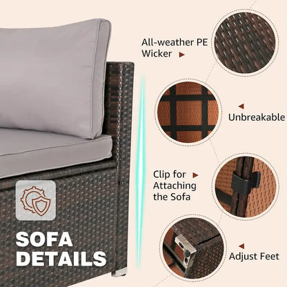 Ensemble de mobilier de jardin 8 pièces en rotin marron et gris avec 6 canapés, 1 table basse, un coffre de rangement et des coussins