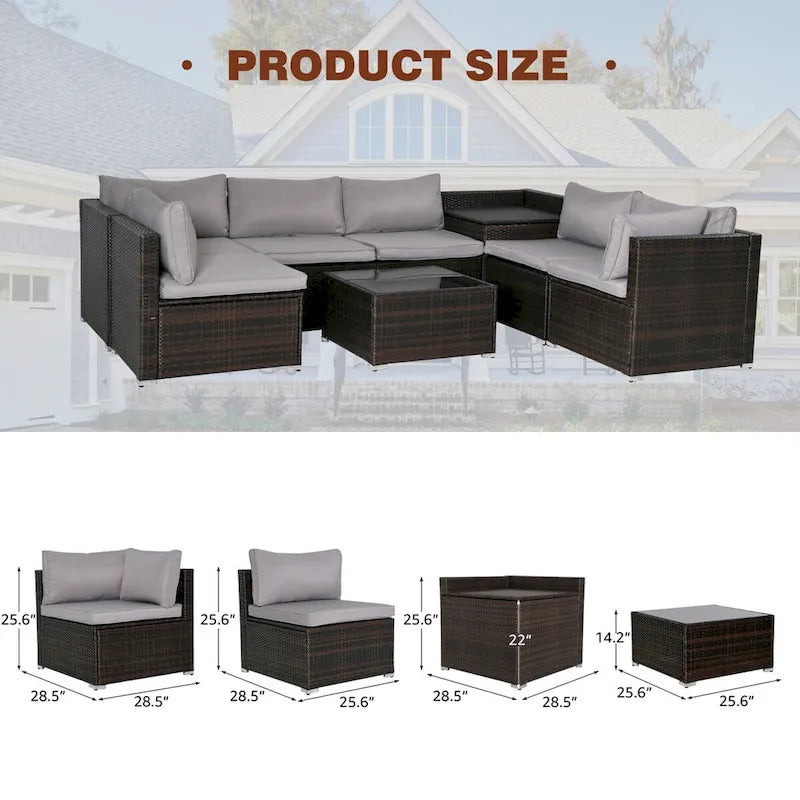 Ensemble de mobilier de jardin 8 pièces en rotin marron et gris avec 6 canapés, 1 table basse, un coffre de rangement et des coussins
