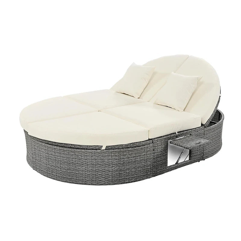Bain de soleil en rotin avec coussins, chaise longue inclinable, plateaux pliables