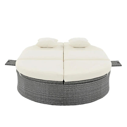 Bain de soleil en rotin avec coussins, chaise longue inclinable, plateaux pliables
