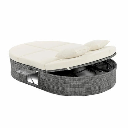 Bain de soleil en rotin avec coussins, chaise longue inclinable, plateaux pliables