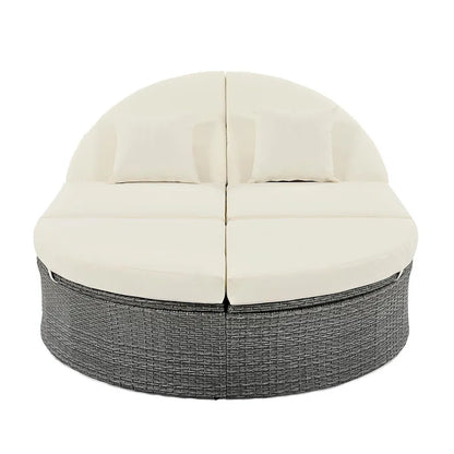 Bain de soleil en rotin avec coussins, chaise longue inclinable, plateaux pliables