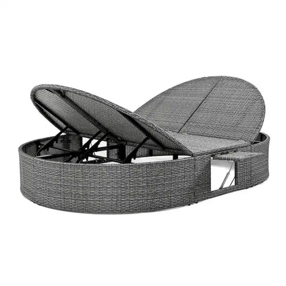 Bain de soleil en rotin avec coussins, chaise longue inclinable, plateaux pliables
