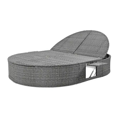 Bain de soleil en rotin avec coussins, chaise longue inclinable, plateaux pliables